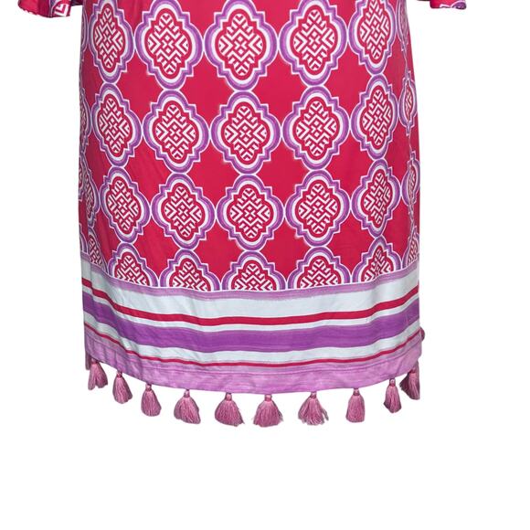 CABANA LIFE Coral Geo Off Shoulder Shift Dress 50SPF Bell Sleeve Tassels Sz M - Picture 4 of 13
